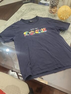 Amiri Embroidered Large Navy Crew Neck Tee Shirt